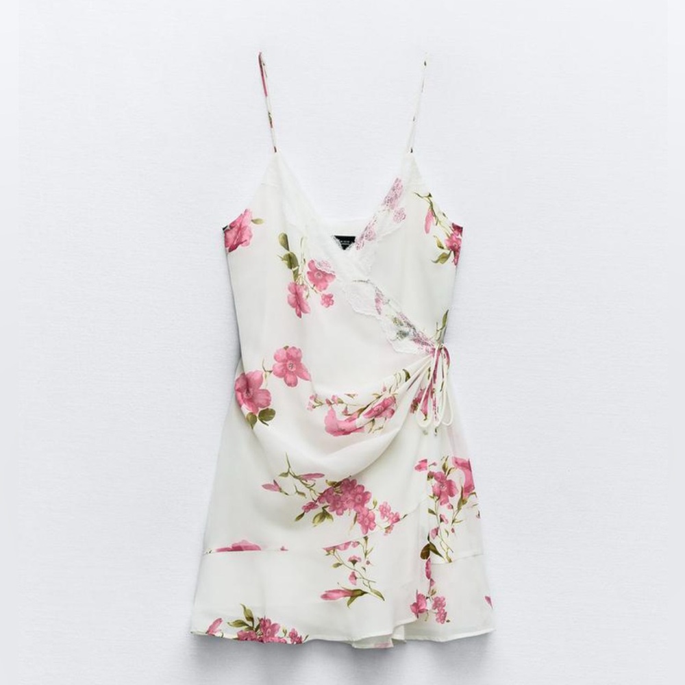 Zara Lace Trim Printed Floral Pink Mini Dress